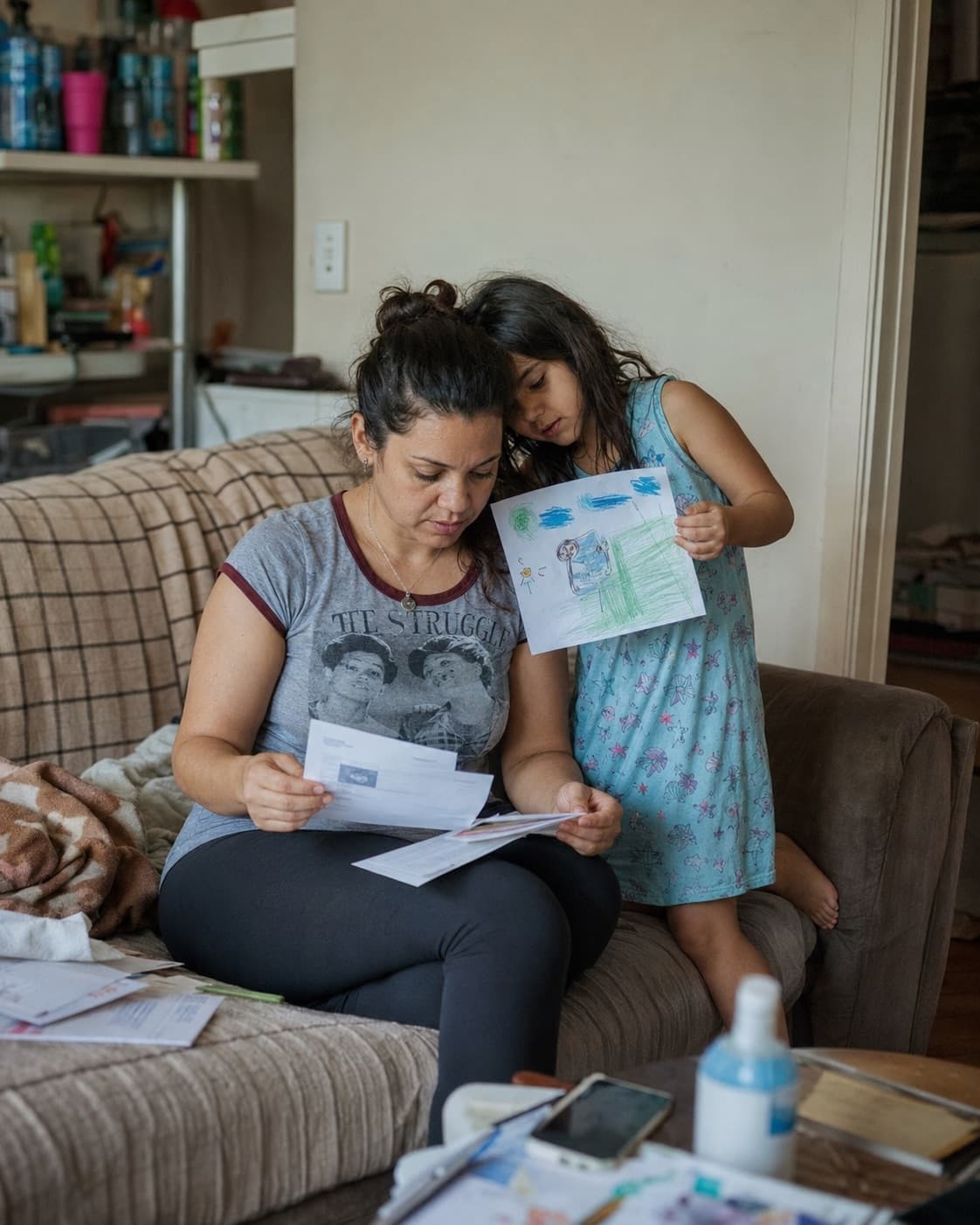 A mother reading through paperwork on the couch while her daughter shows her a drawing.